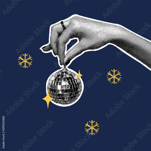 Trendy christmas halftone collage. There is a mirrored disco ball in her hand. Halftone collage with gold glitter texture for cards, posters, templates.