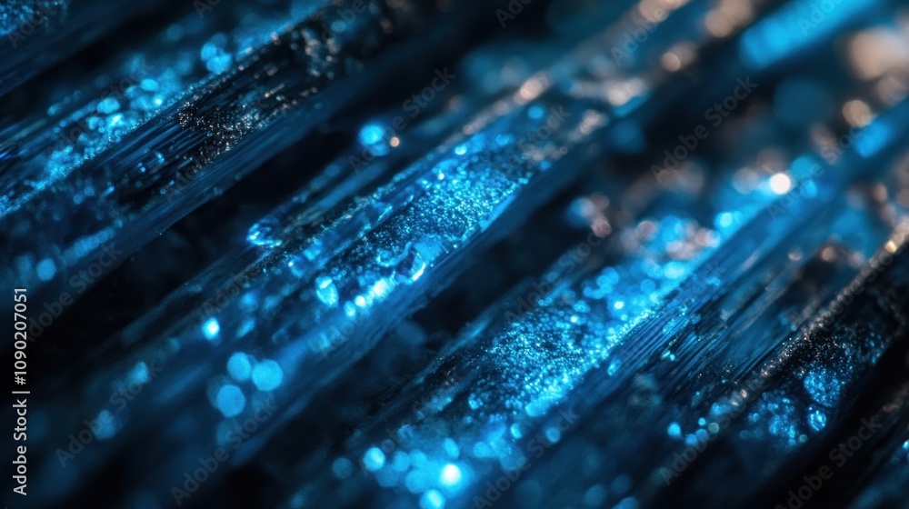 Fototapeta premium High-detail macro shot of fiber optic ends glowing in cool blue tones 