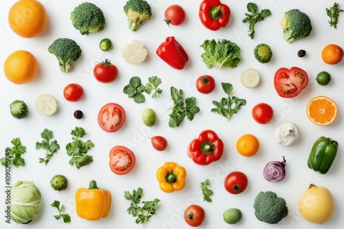 An overhead shot of fresh produce arranged in a symmetrical pattern on a blank white background with space for text, ideal for commercial use in promoting healthy eating.