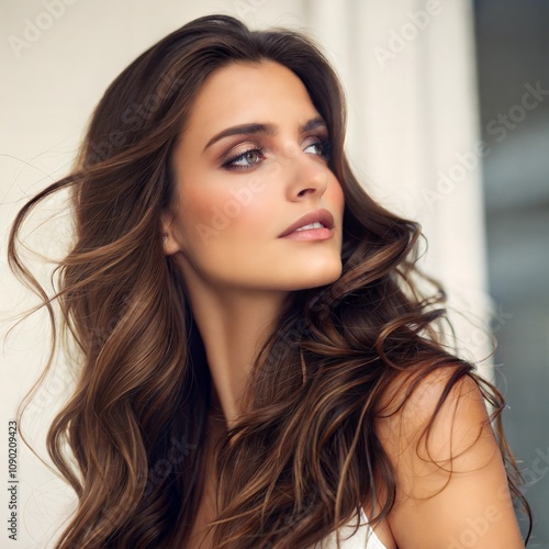 Portrait of a beautiful brunette woman with long wavy hair. Copycpase photo