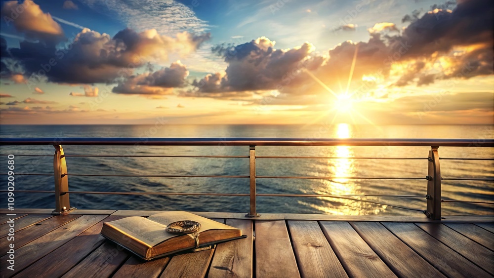 Fototapeta premium Open Book and Antique Compass Resting on a Wooden Deck at Sunset Over the Ocean
