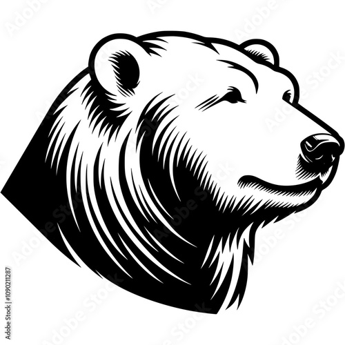 Calm polar bear head side view in monochrome. Simple minimalistic vector in black ink drawing on transparent background