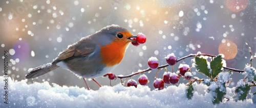 A robin perched on a snowy branch, holding a red berry amidst a wintery backdrop. photo