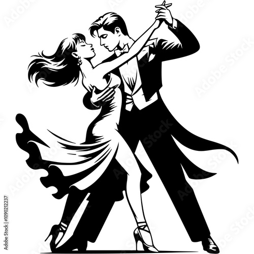 Professional dancers perform at Latin American tango championship in monochrome. Simple minimalistic vector in black ink drawing on transparent background