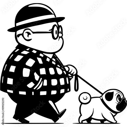 Gentleman in a checkered suit and bowler hat leads a pug on a leash in monochrome. Simple minimalistic vector in black ink drawing on transparent background