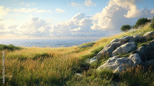 Serene Coastal Landscape with Rocks and Green Grass Under a Bright Sky, Showcasing Nature's Tranquility and Beautiful Cloud Formation Over the Sea photo