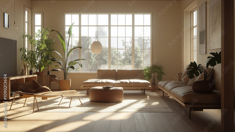 Fototapeta premium Minimalist living room with a mix of soft textures and modern furniture - Neutral tones, clean lines, airy feeling, potted plants, large windows for natural light