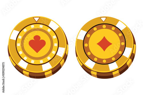 Collection of Isolated Golden Poker Chips on White Background - Set of Two Luxurious Chips.