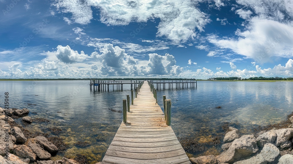 Fototapeta premium Serene Waterway with Wooden Dock Under Dramatic Cloudy Sky, Capturing the Tranquility of Nature in a Panoramic View of Calm Waters