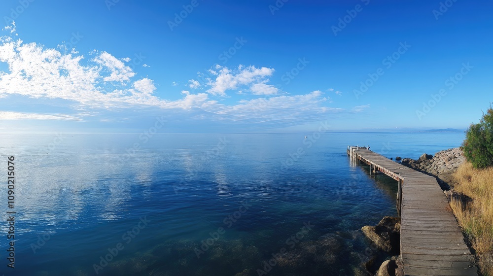 Obraz premium Tranquil Seascape with Pier and Clear Blue Sky, Serene Water Reflections and Lush Natural Surroundings Capturing the Beauty of Coastal Landscapes