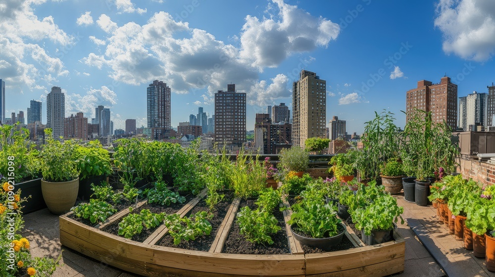 Fototapeta premium Lush Rooftop Garden with Vibrant Plants Overlooking a City Skyline Under Bright Blue Sky and Fluffy Clouds on a Sunny Day