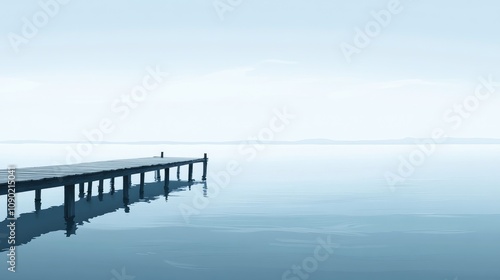 Wallpaper Mural Tranquil Waterscape with Wooden Pier Under Soft Blue Sky, Capturing Peace and Serenity of Nature's Beauty at a Calm Lakeside Environment Torontodigital.ca