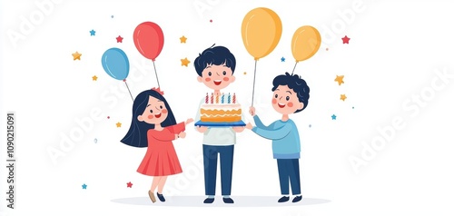 Joyful kids celebrating a birthday with balloons and a cake, capturing happiness and childhood fun.