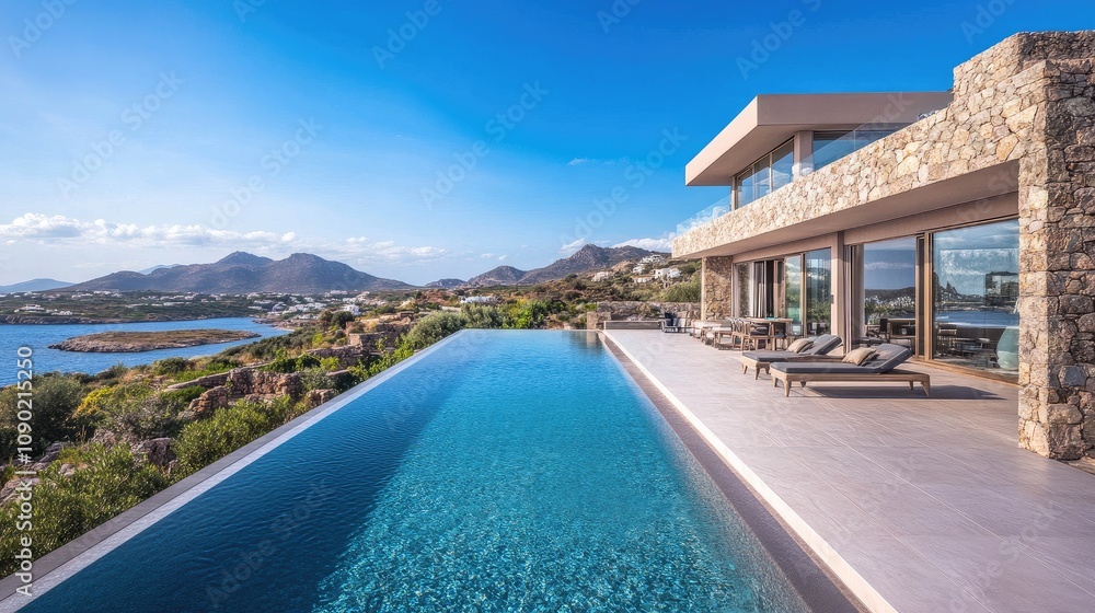 Fototapeta premium Modern luxury villa with an infinity pool overlooking a stunning coastal landscape and mountains while reflecting blue skies in a serene vacation paradise