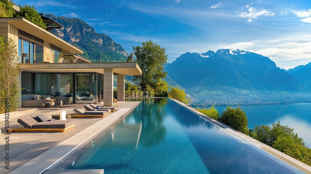 Fototapeta premium Luxurious Modern Villa with Infinity Pool Overlooking Stunning Mountain and Lake Views in a Serene Natural Environment