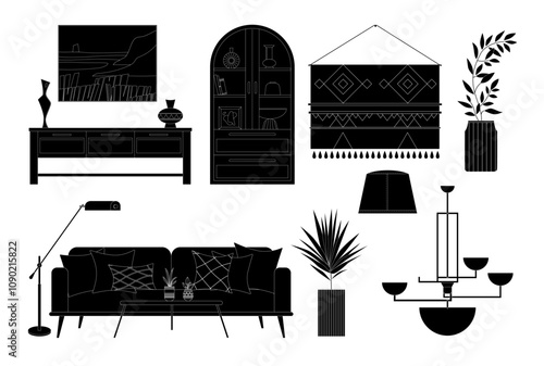 A collection of monochrome Scandinavian-style interior decor and furniture vector illustrations