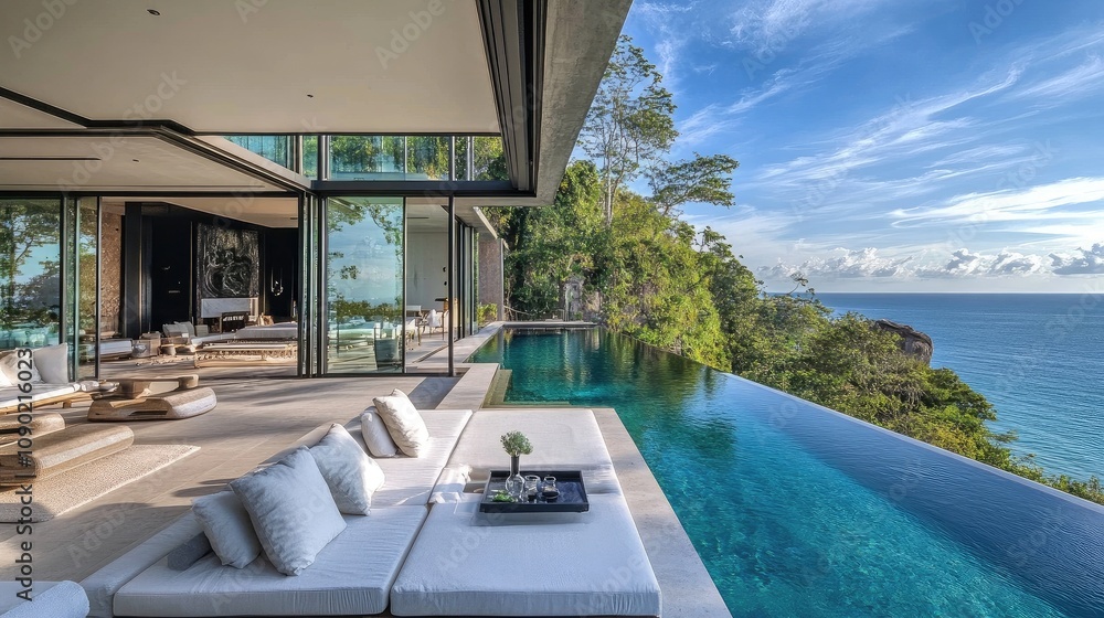 Fototapeta premium Modern luxurious villa with stunning ocean view and infinity pool surrounded by lush greenery, ideal for vacations and relaxation in tropical paradise setting
