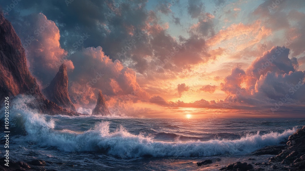 Fototapeta premium Serene Ocean Sunset with Dramatic Clouds and Rugged Coastal Landscape, Capturing the Beauty of Nature’s Palette in Stunning Detail