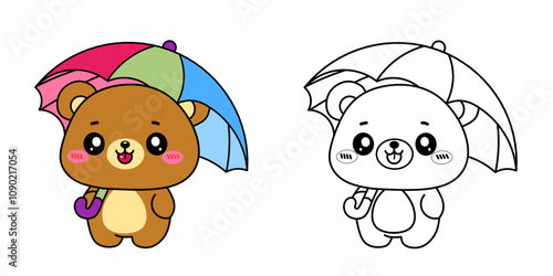 Teddy bear with umbrella. Animal outline illustration. Coloring page outline of cute animals. Animals tracing worksheet. Kindergarten and preschool activity