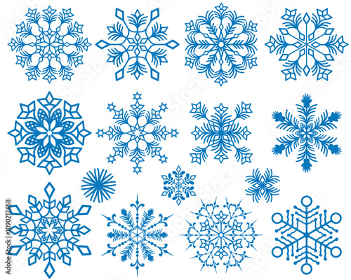 Vector collection christmas handwork dark blue vintage snowflakes isolated on transparent background