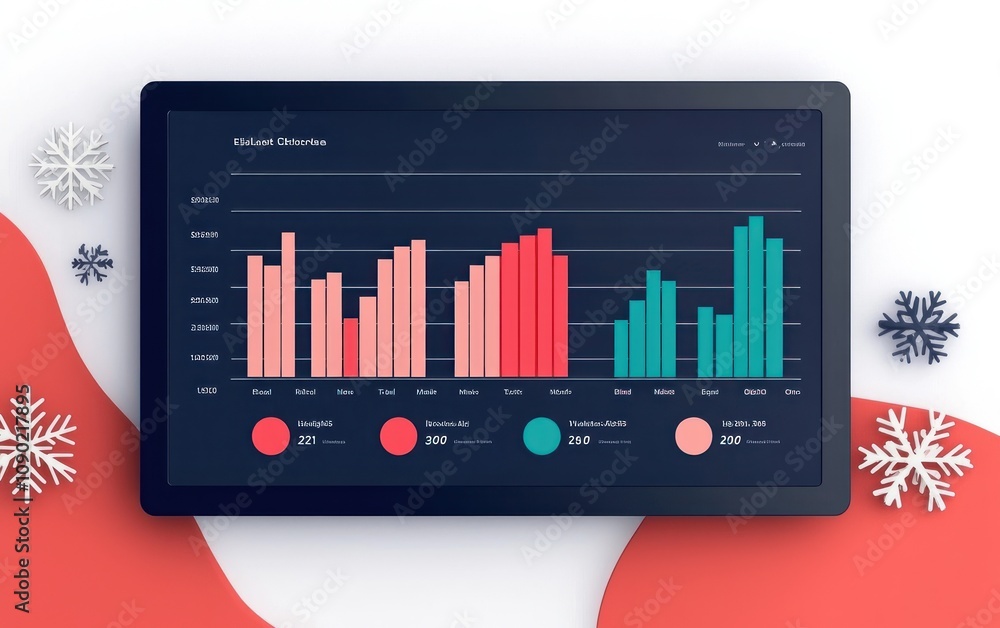 A colorful data visualization on a digital screen displays bar graphs, trends, and metrics, framed by festive snowflakes and decorative elements.