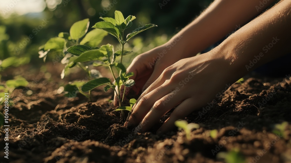 Fototapeta premium Environmental activism illustrated through close-up shots of hands planting native trees in a reforestation project, photography style, photo of