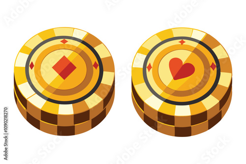 Collection of Isolated Golden Poker Chips on White Background - Set of Two Luxurious Chips.