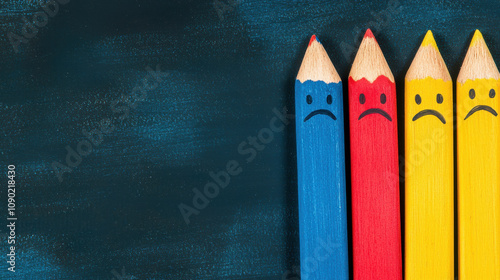Colorful pencils with sad faces on dark background evoke emotions