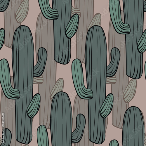 Seamless pattern with cacti, blooming succulent on color background. Vector hand drawn illustration for packaging, fabric, textile. Wild west cactus, western concept.