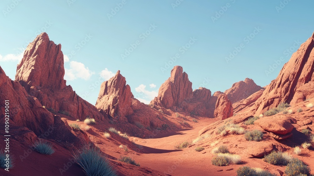 Naklejka premium Majestic Red Rock Formations Against a Clear Blue Sky in a Desert Landscape, Showcasing Unique Geology and Vibrant Natural Colors