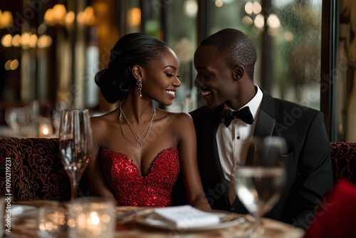 An elegant african couple enjoying a romantic valentine's day dinner at a fancy restaurant. photo