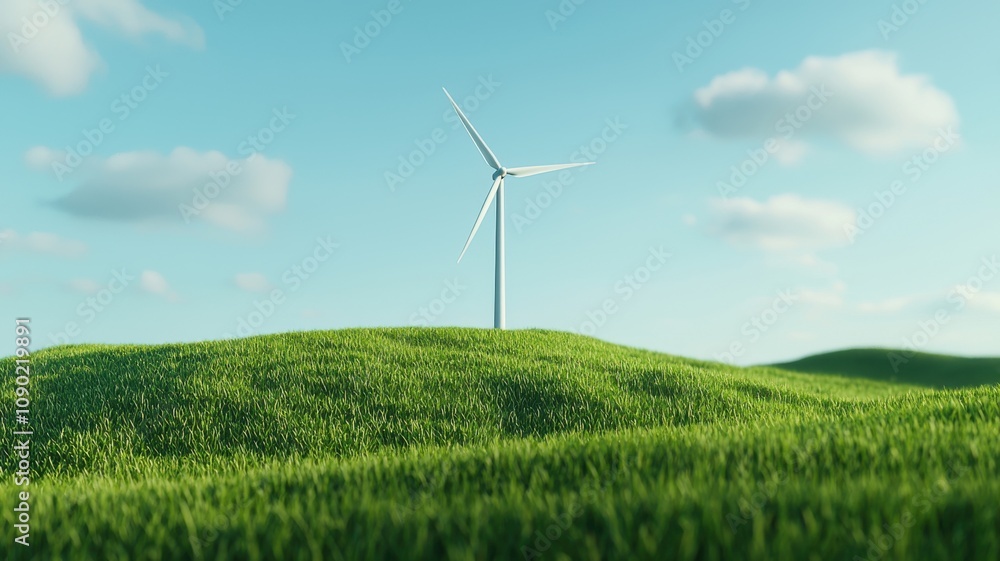 A wind turbine stands on lush green hills under a blue sky, symbolizing renewable energy and sustainable practices. A wind turbine stands on lush green hills under a blue sky, symbolizing renewable energy and sustainable practices.