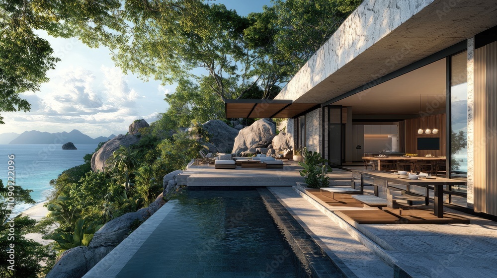 Fototapeta premium Modern Coastal Villa Overlooking Scenic Ocean View with Infinity Pool Surrounded by Lush Greenery and Natural Rock Formations at Sunset
