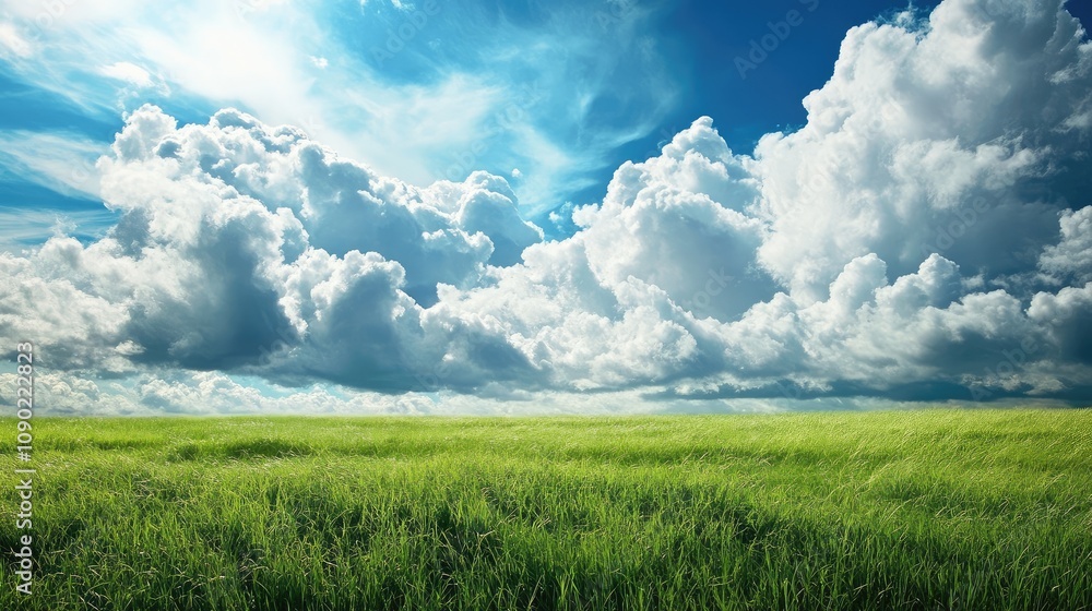 Obraz premium Lush Green Grass Under a Dramatic Sky Filled with Fluffy Clouds and Sunlight, Creating a Serene and Peaceful Natural Landscape Ideal for Tranquility and Relaxation