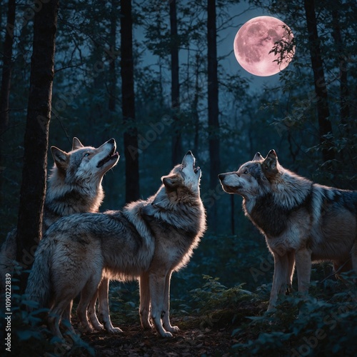 Two wolves stand side by side in a dense forest, their forms strong and agile.