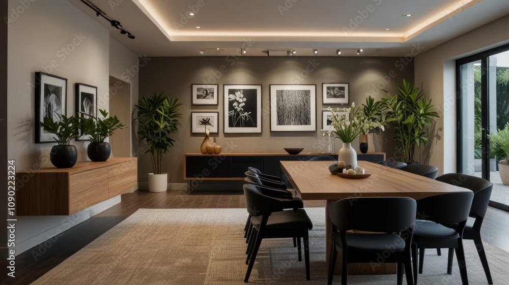 Fototapeta premium Here's a possible and keyword list for your stock photo.. Modern dining room with wood table, black chairs, and gallery wall.