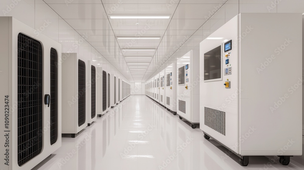 Naklejka premium A modern data center corridor featuring rows of sleek white server racks under bright, uniform lighting.