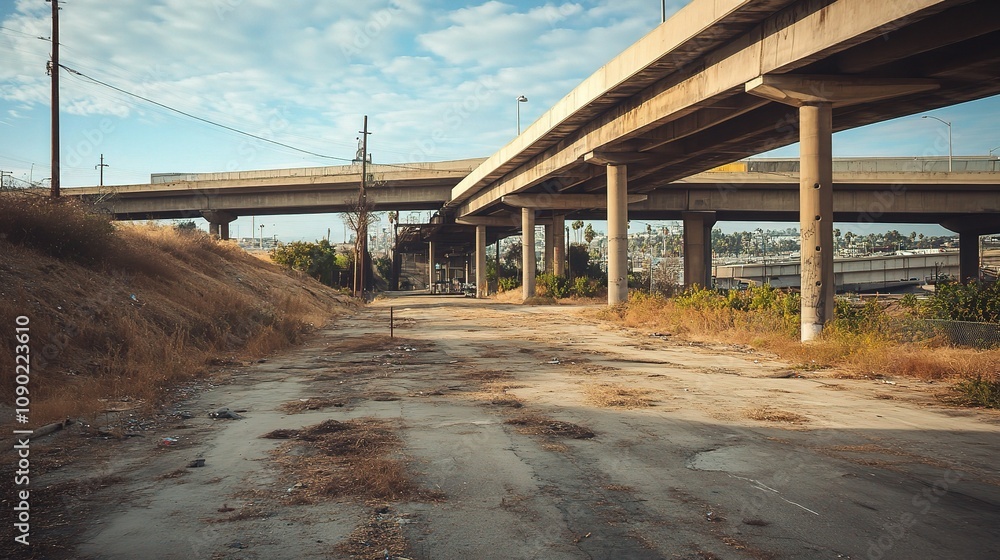 Fototapeta premium Urban Infrastructure in Los Angeles: A Scene Capturing Abandoned Roads and Elevated Freeways Surrounded by Nature and Urban Decay in California