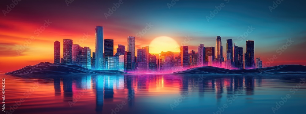 Fototapeta premium Cityscape images, futuristic city landscape, Modern Cityscape in Neon Hues