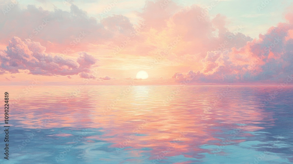 Obraz premium Serene Sunset Over Tranquil Waters with Soft Pastel Clouds and Golden Sunlight Reflecting on Peaceful Ocean Surface