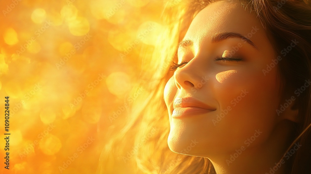Serene Radiance of a Woman's Captivating Smile Under Soft Golden Light Exuding Warmth and Joyful Serenity, Perfect for Inspirational and Uplifting Themes Serene Radiance of a Woman's Captivating Smile Under Soft Golden Light Exuding Warmth and Joyful Serenity, Perfect for Inspirational and Uplifting Themes