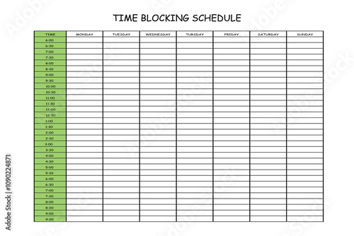 24 Hourly Weekly Schedule - Monday Start. Mockup for daily scheduling and time management. 30-minute increment hourly planner templates. Time Planner.