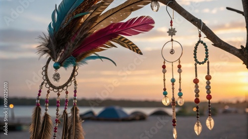 Handmade accessories like feathered headpieces and beaded jewelry glimmering softly as the day transitions to night. photo