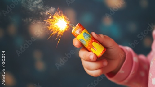 Hand holding lit firecracker with spark against blurred background