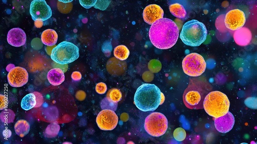 Colorful depiction of cells in a vibrant, abstract background representing microscopic life.