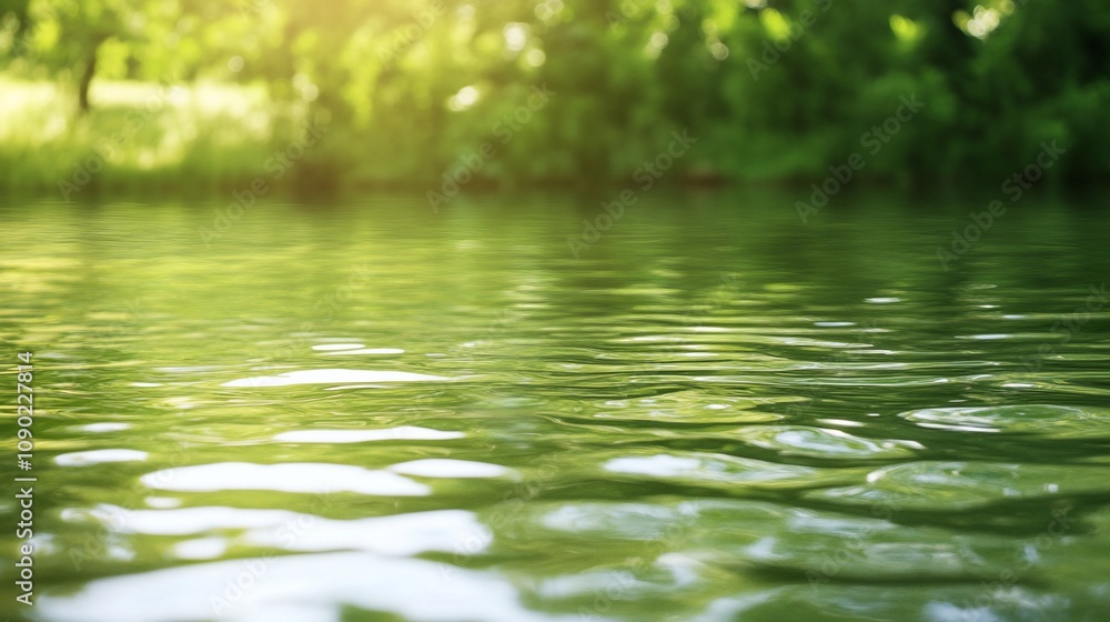 Calm green water surface with blurred green foliage background. Calm green water surface with blurred green foliage background.