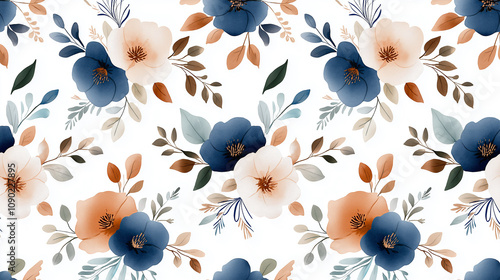 Fototapeta Naklejka Na Ścianę i Meble -  Seamless floral pattern with blue and orange flowers and leaves on white background, creating harmonious and elegant design