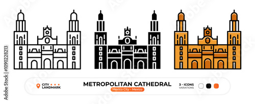 Metropolitan Cathedral Line Icon. Mexico City Mexico, Silhouette, Color Symbol, Editable Stroke.