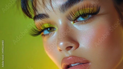 Trendy Woman with Long False Eyelashes and Flawless Makeup Showcasing Bold Colors Against a Vibrant Background for Fashion and Beauty Enthusiasts