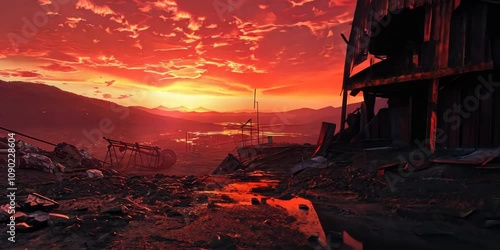 Abandoned mining settlement under a blood-red sky, 4K Video